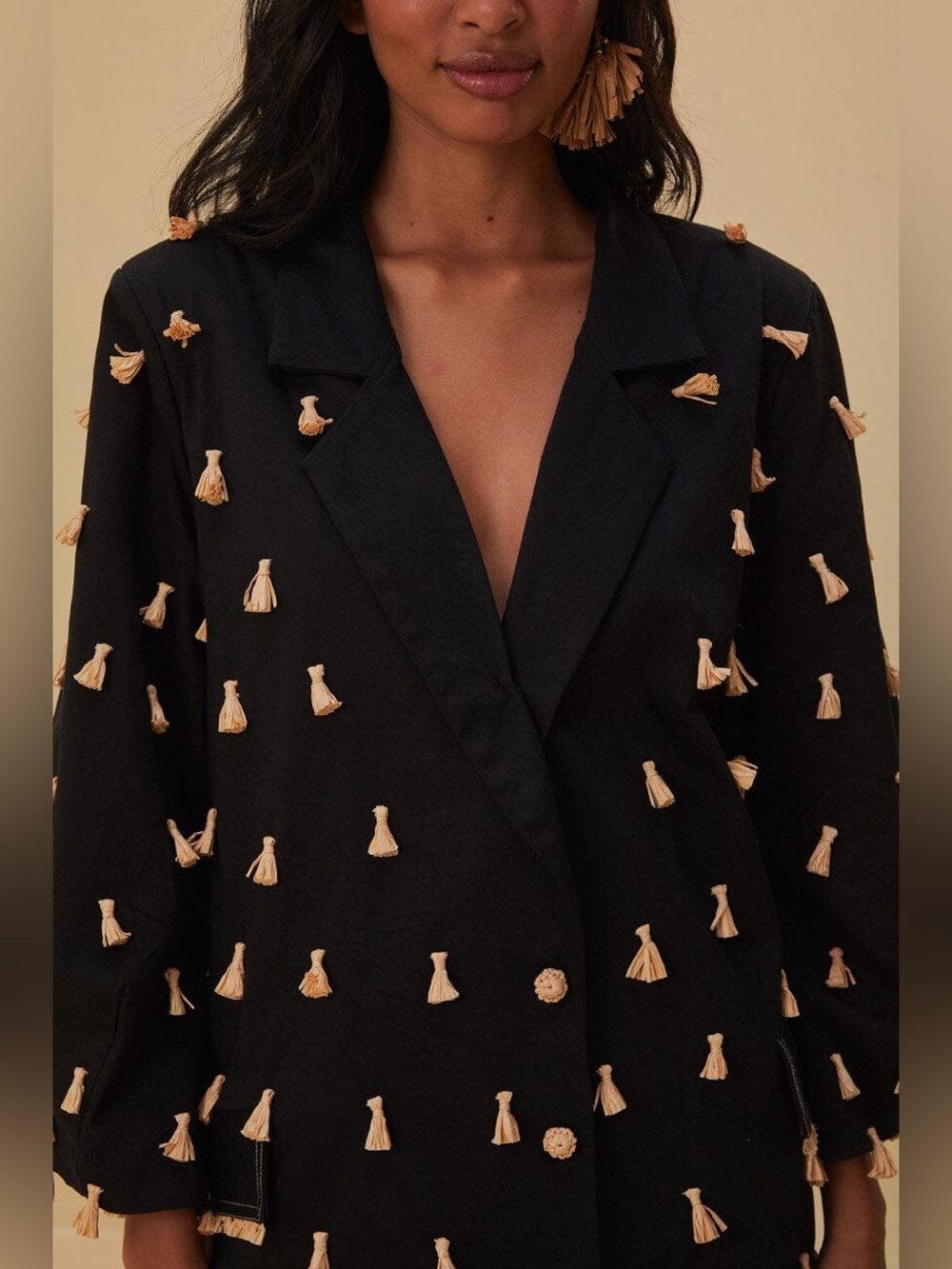 Farm Rio: Black Raffia Fringed Blazer